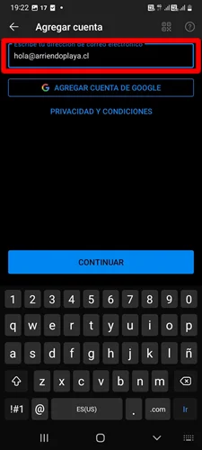 Ingresar nombre de correo corporativo en Outlook Móvil