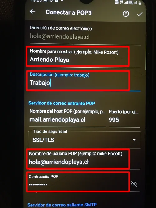 Ingresar datos servidor de correo entrante POP en Outlook Móvil
