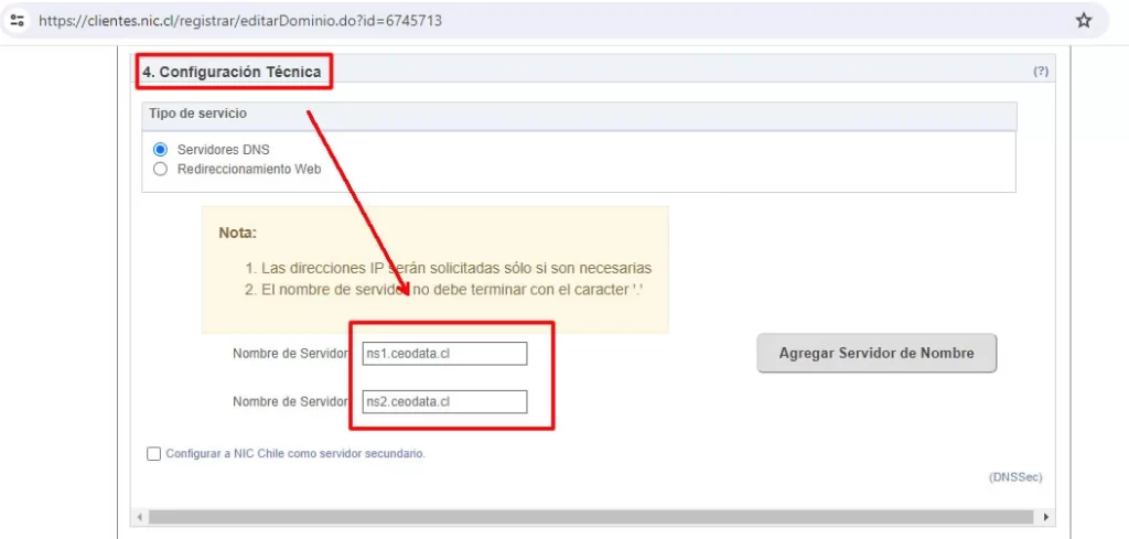 En la sección "Configuración Técnica" agregue los nombres de servidor de CEODATA