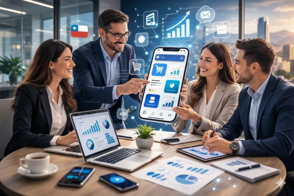 Desarrollo de aplicaciones móviles para pymes chilenas mostrando métricas y crecimiento digital
