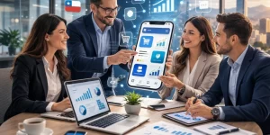Desarrollo de aplicaciones móviles para pymes chilenas mostrando métricas y crecimiento digital