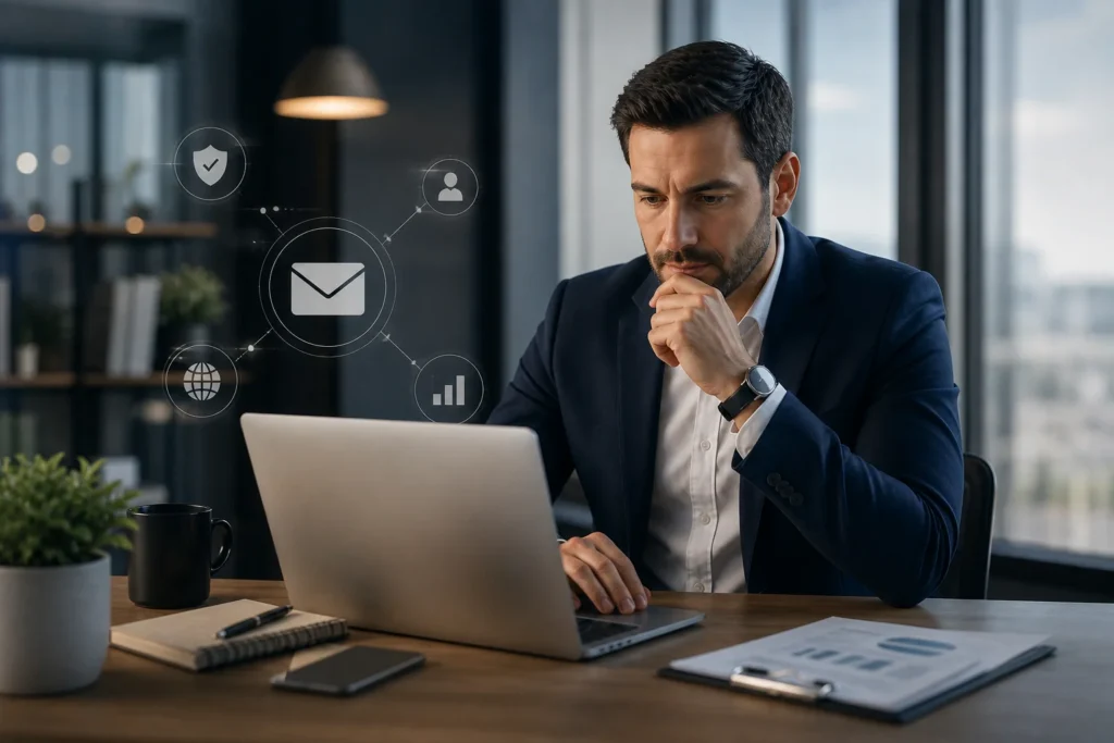 ejecutivo revisando cotización con correo corporativo profesional en empresa chilena