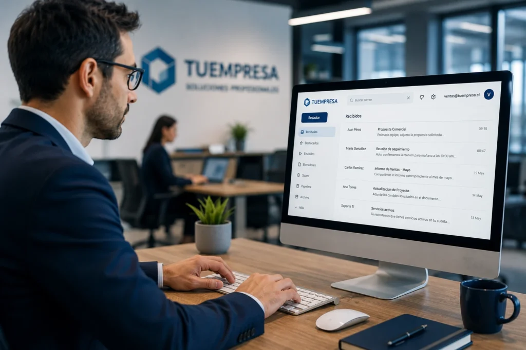 ejecutivo utilizando correos corporativos profesionales en oficina empresarial moderna