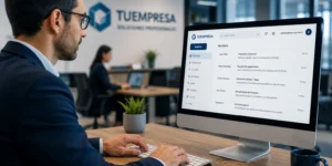 ejecutivo utilizando correos corporativos profesionales en oficina empresarial moderna