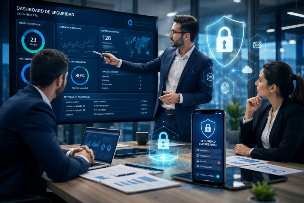 Equipo ejecutivo revisando aplicación móvil empresarial segura con indicadores de ciberseguridad
