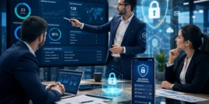 Equipo ejecutivo revisando aplicación móvil empresarial segura con indicadores de ciberseguridad