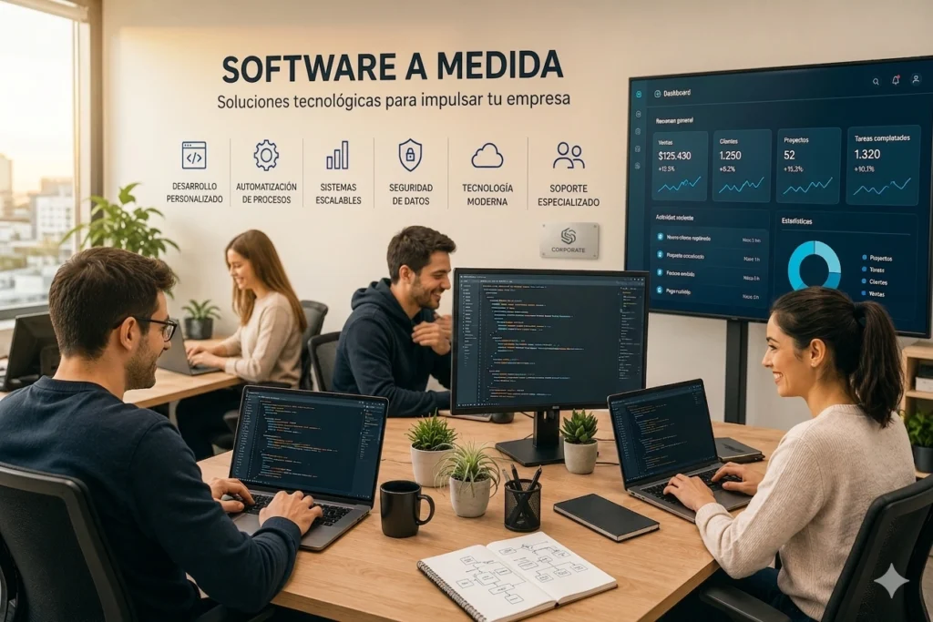 “Equipo profesional desarrollando software empresarial personalizado para empresas con tecnología moderna”