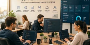 “Equipo profesional desarrollando software empresarial personalizado para empresas con tecnología moderna”