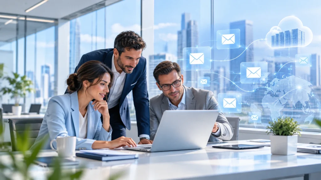 Equipo empresarial utilizando correo corporativo y servicios en la nube