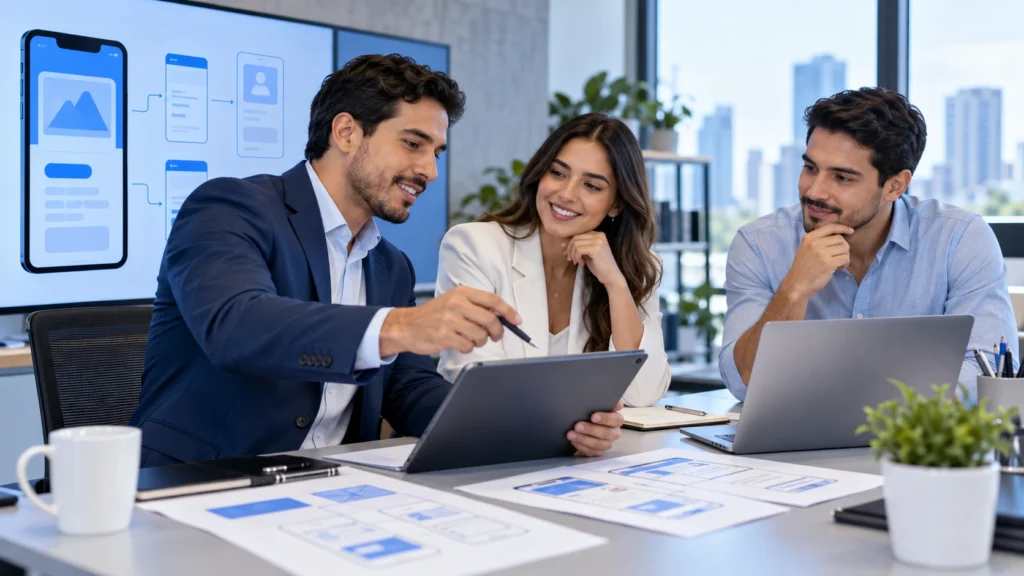 Profesionales definiendo una idea para una aplicación móvil empresarial