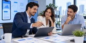 Profesionales definiendo una idea para una aplicación móvil empresarial